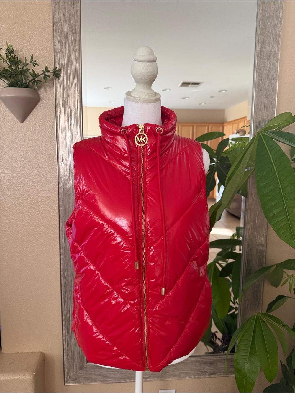 Michael Kors Bright Red Quilted Puffer Vest with Gold Hardware